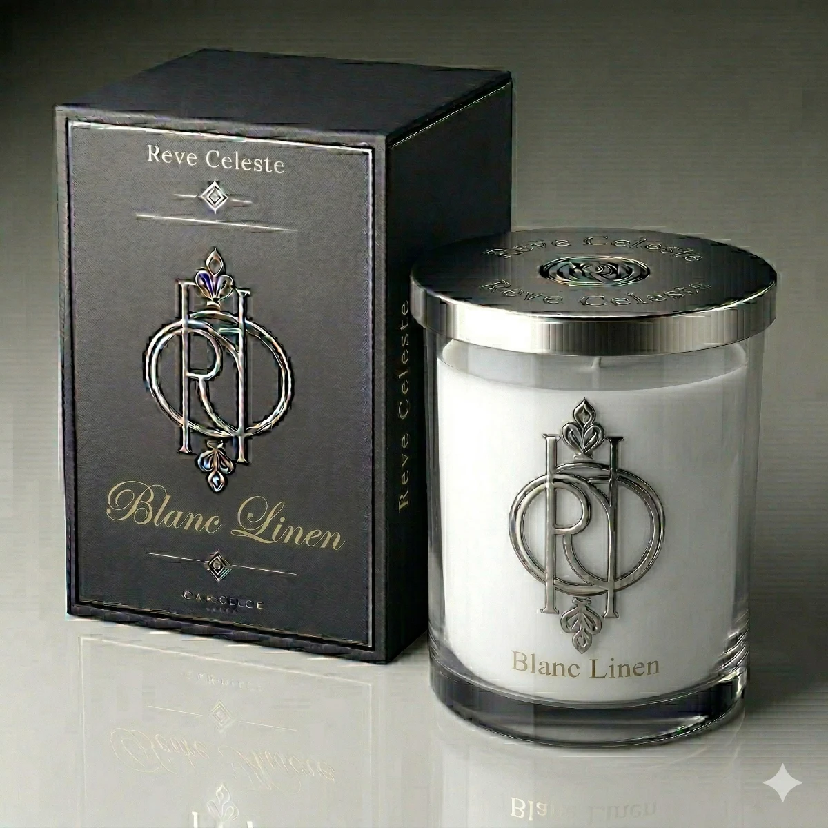 Blanc Linen candle in clear glass vessel