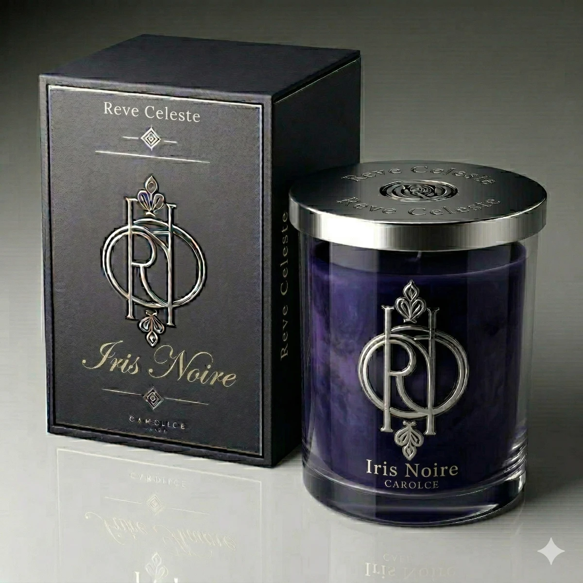 Iris Noire candle in elegant dark vessel